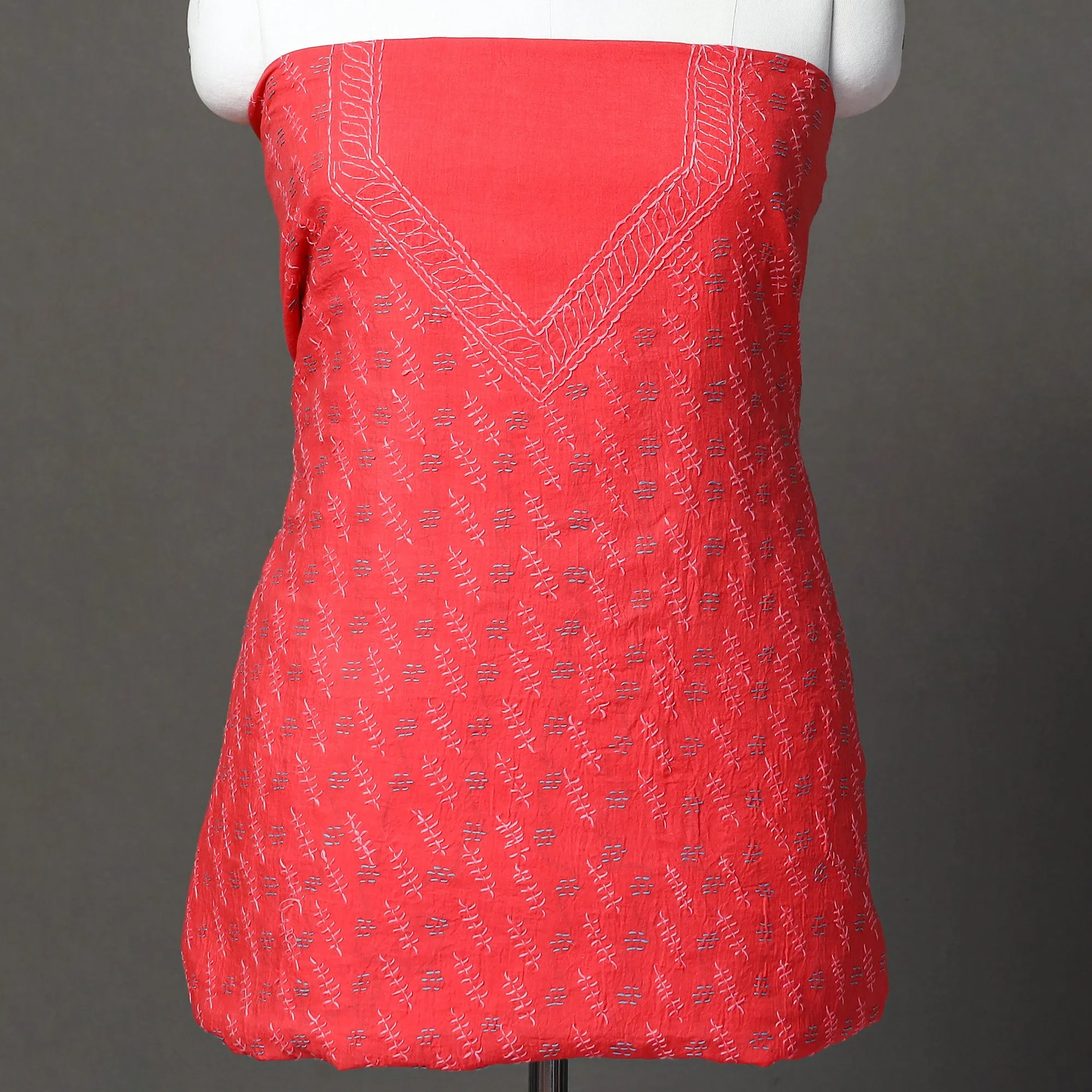 Red - 3pc Lucknow Chikankari Hand Embroidery Cotton Suit Material Set 02