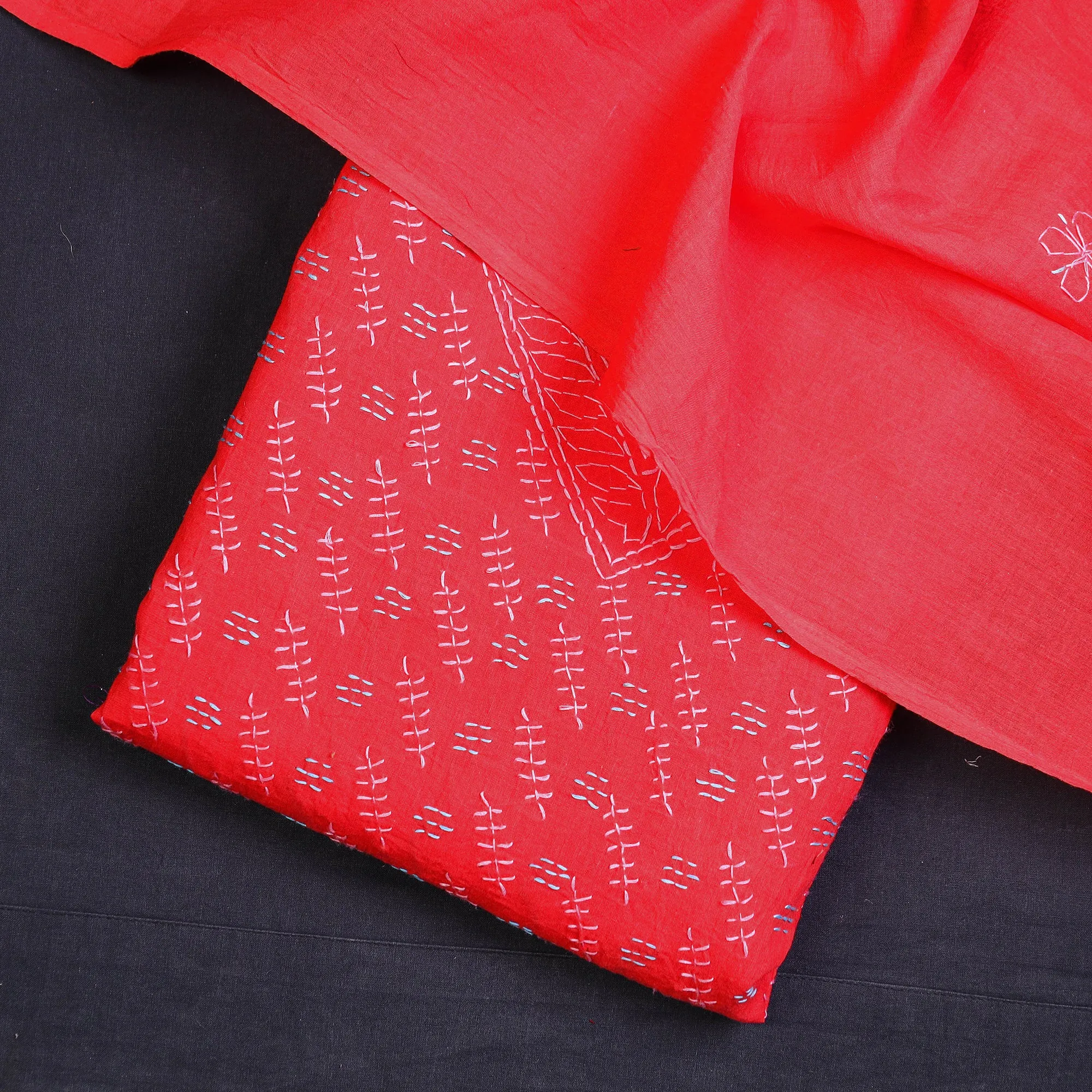 Red - 3pc Lucknow Chikankari Hand Embroidery Cotton Suit Material Set 02