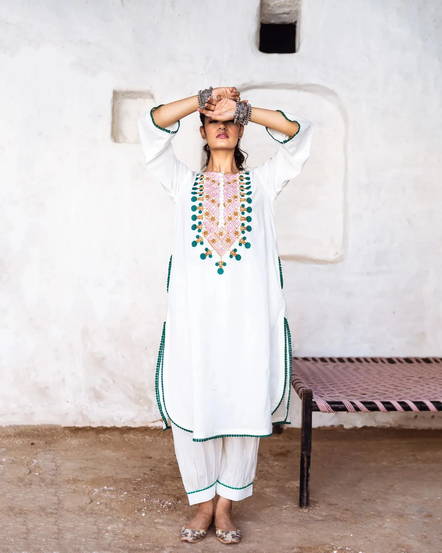 White Cotton Floral Embroidered Kurta Palazzo Set