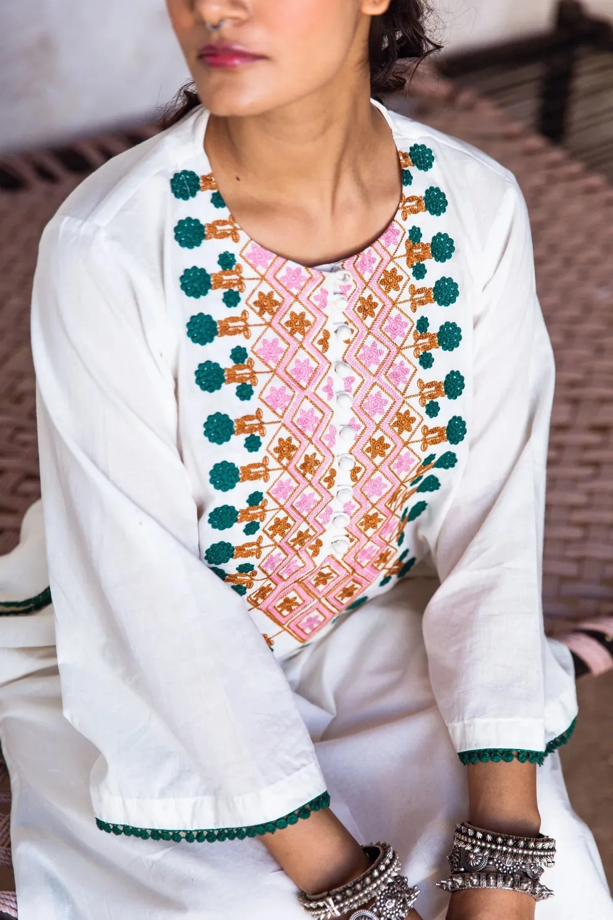 White Cotton Floral Embroidered Kurta Palazzo Set