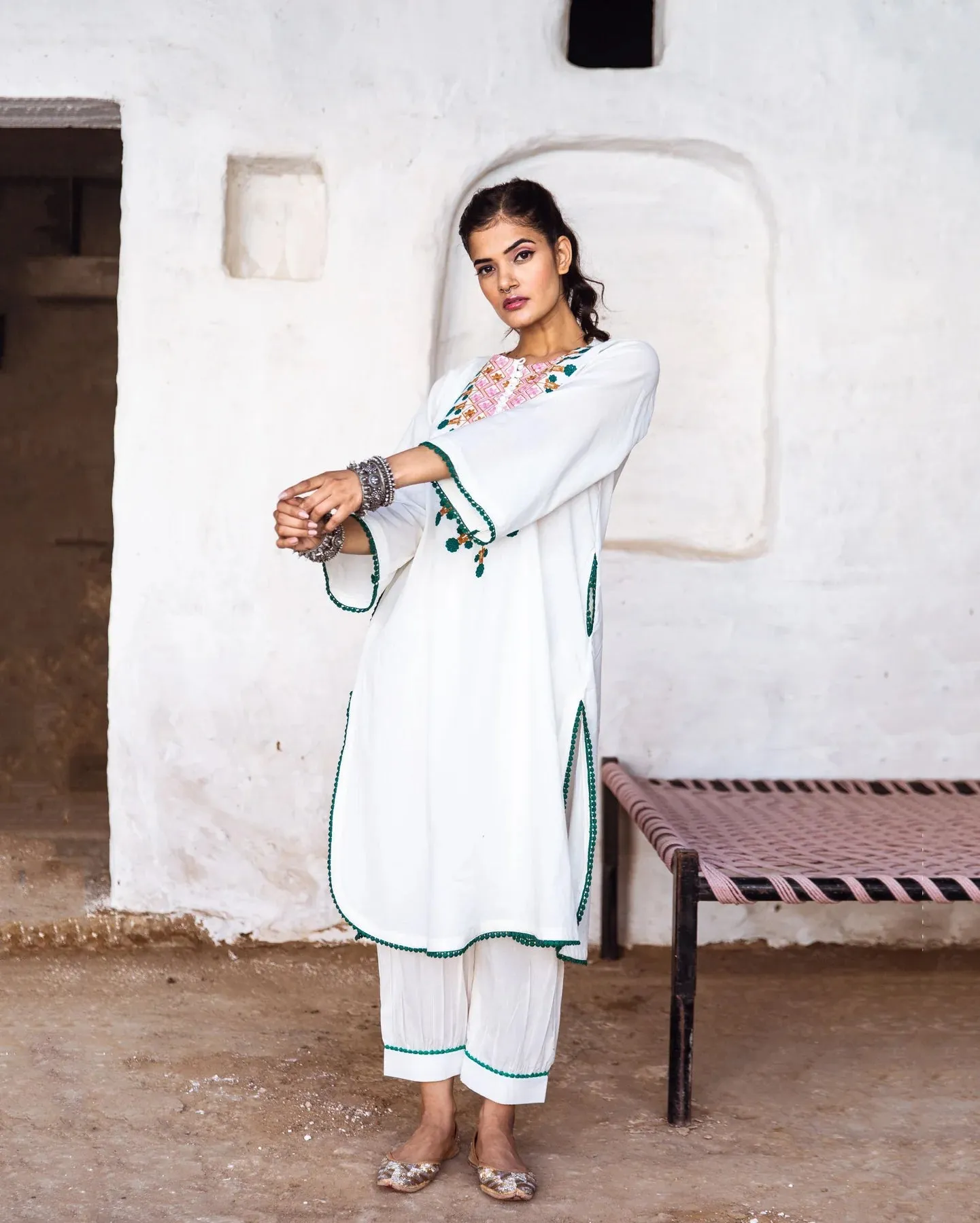 White Cotton Floral Embroidered Kurta Palazzo Set