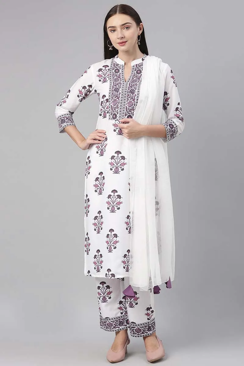 White Polyester Ethnic Motifs Straight Suit Set