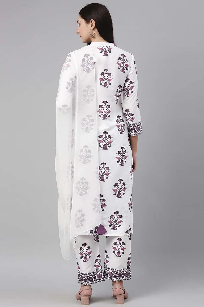 White Polyester Ethnic Motifs Straight Suit Set
