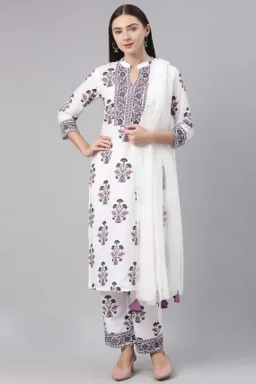 White Polyester Ethnic Motifs Straight Suit Set