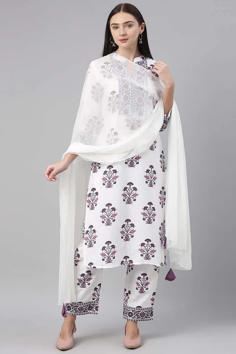White Polyester Ethnic Motifs Straight Suit Set