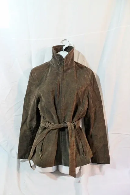Womens GIII Suede Leather Jacket Riding Trench Coat BROWN S / CH Moto Belted