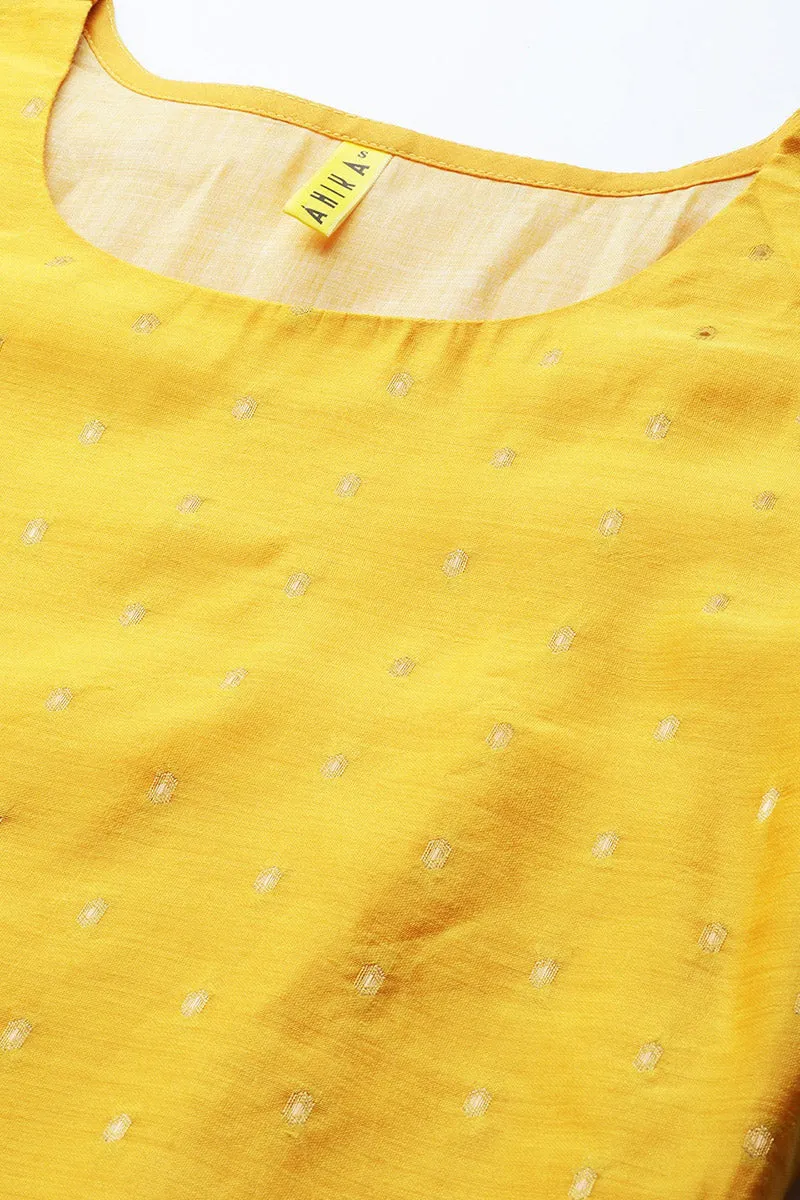 Yellow Polyester Golden Woven Design Straight Suit Set